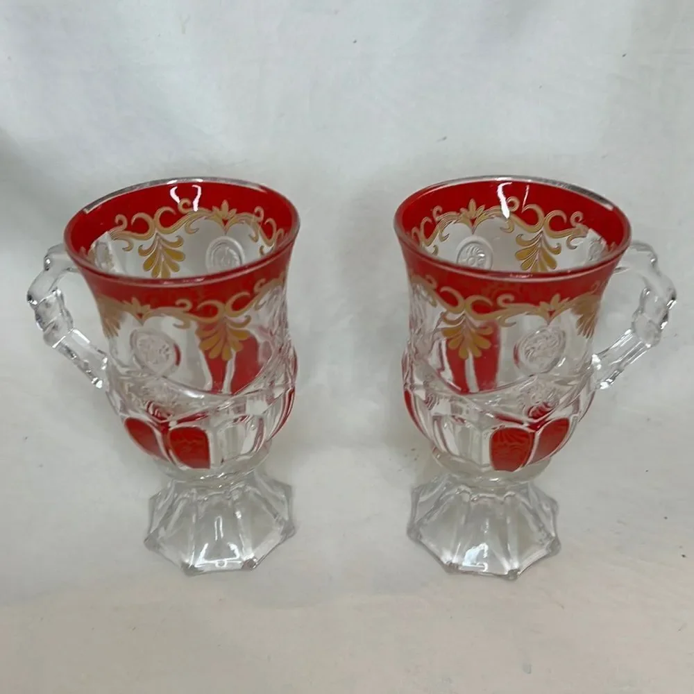 Bohemian Pressed Glass Mug 6 Oz 5 In Tall 2 3/4 In Round Red Gold Set Of 2